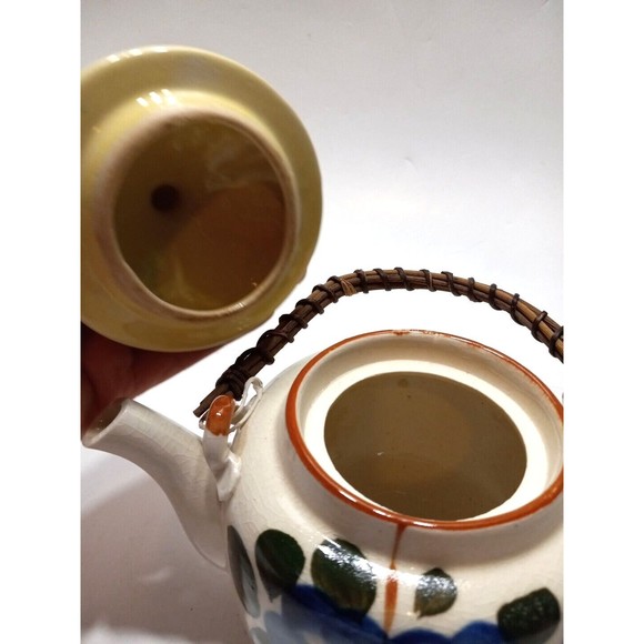 Vintage Stoneware Tea Pot Bamboo Handle Japan Blue Flowers Green Leaves - Picture 6 of 11